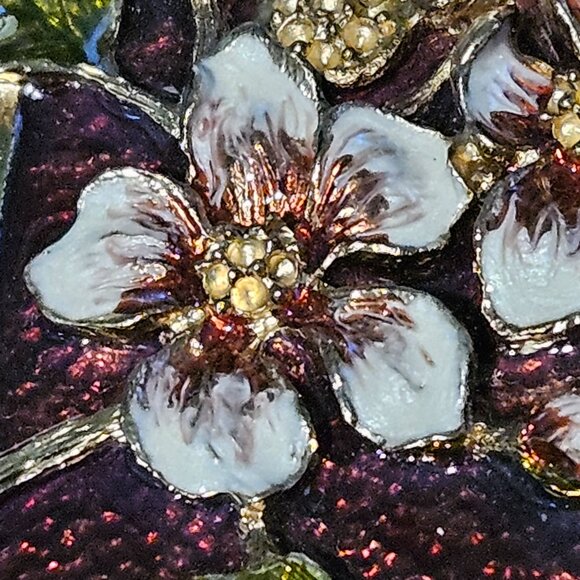 RARE JAY STRONGWATER MAROON DOGWOOD FLOWER VANITY MAKEUP ENAMEL MIRROR - Picture 6 of 12